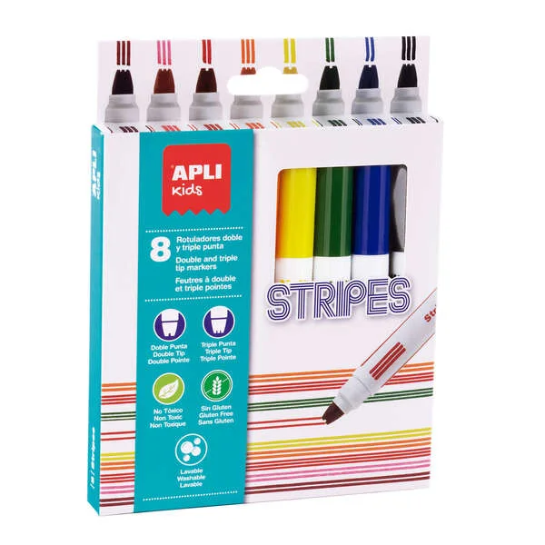 Apli Stripes Pack de 8 Rotuladores - Ø 14.4x137 mm - Doble O Triple Punta Redonda Bloqueada - Lavables, No Toxicos y de Larga Duracion