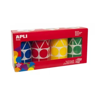 Apli Pack con 4 Rollos de Gomets Geometricos XL - 1357 Gomets por Rollo - Adhesivo Permanente - 5.428 Gomets en Total - Ideales para Escuelas Infantiles - Colores Azul, Rojo, Amarillo y Verd