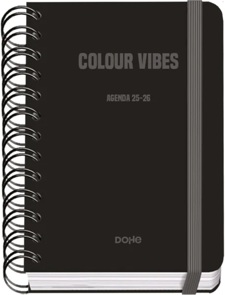 Dohe Colour Vibes Agenda Escolar 25/26 Espiral Wire’o A6 - Dia Pagina - Papel 80g/m2 - 4 Hojas de Pegatinas - Cubierta de Carton Plastificado - Cierre con Goma Elastica - Color Negro