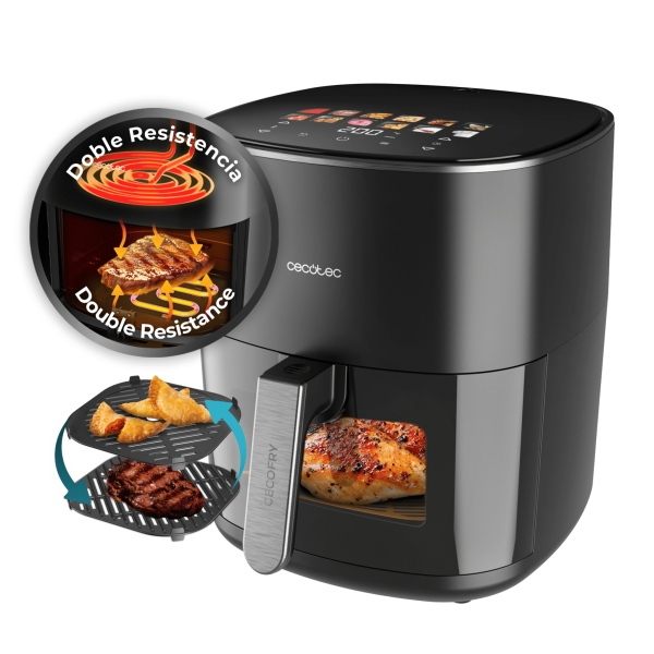 Cecotec Cecofry and Grill 6500 Freidora de Aire 3 en 1 - 2200W - Capacidad 6.5L - Grill - Piedra para Pizza - Temperatura Regulable - Ventana de Visualizacion - Doble Resistencia - Color Neg