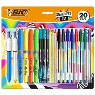 Bic Escritura Multicolor Pack de 20 Piezas Variadas - 6 Bic Cristal Original, 2 Bic Cristal Fun, 2 Bic 4 Colores, 3 Bic Intensity Fine, 4 Bic Highlighter Grip y 3 Bic Evolution Stripes HB