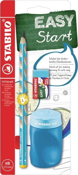 Stabilo Easygraph Pack con Lapiz de Grafito + Sacapuntas con Deposito + Goma de Borrar - Mina HB de 3.15mm - Diseño Ergonomico - Uso Zurdo - Color Azul