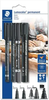 Staedtler Lumocolor Permanent Pack con 4 Rotuladores Permanentes - Diferentes Puntas - Resistente al Agua - Recargables - Color Negro
