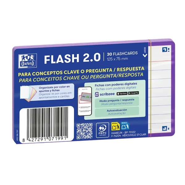 Oxford Pack de 30 FlashCards 2.0 - Formato A7 - Rayado Horizontal 1 Linea - Cartulina de 250g - Digitalizacion de Textos con App - Color Lila