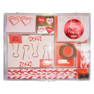 Dohe Set de Papeleria de Regalo - Incluye Bloc de Notas 80 Hojas 80x65mm - Clips con Forma 36x28mm - Pinzas 32mm - Push Pins 18.3x12mm - Lapiceros - Afilalapices Metalico - Goma de Borrar Bl