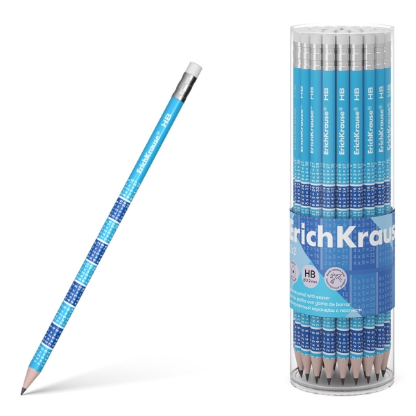 Erichkrause 2x2 Lapiz de Grafito HB con Goma de Borrar - Madera Seleccionada - Decorado con las Tablas de Multiplicar - Facil Afilado - Color Azul · Pack de 42 uds.