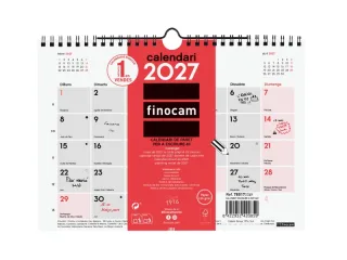 Finocam Neutro Calendario de Pared en Catalan - Anual 2027 - Mes Vista - Formato S - 210x150mm - Espiral Doble - Papel de 120g/m2 - Espacio para Escribir - Color Rojo y Blanco