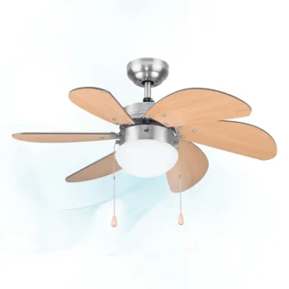 Cecotec EnergySilence Aero 350 Ventilador de Techo con 6 Aspas Reversibles y Luz - 50W - Funcionamiento Silencioso - Modo Invierno/Verano - 3 Velocidades - Aspas de Madera Clara - Acero Inox