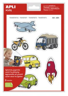 Apli Gomets Tematicos Transportes xL - 24 Gomets en 2 Hojas A4 - Ilustraciones de Medios de Transporte - Adhesivo Removible - Tamaño xL sin Borde - Adhesivo Base Agua - Libre de Disolventes