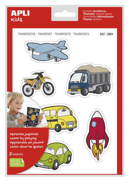 Apli Gomets Tematicos Transportes xL - 24 Gomets en 2 Hojas A4 - Ilustraciones de Medios de Transporte - Adhesivo Removible - Tamaño xL sin Borde - Adhesivo Base Agua - Libre de Disolventes - Colorido