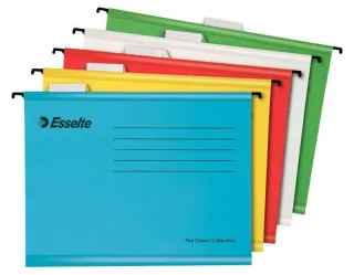 Esselte Classic Pack de 10 Carpetas Colgantes Reforzadas A4 - Visores de Plastico Transparente - Etiquetas Blancas - 100% Carton Kraft Reciclado - Colores Surtidos