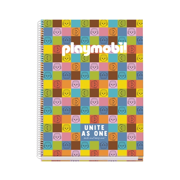 Dohe Playmobil Unite As One Cuaderno Espiral A4 100 Hojas Microperforadas Cuadricula 5mm - Tapa Dura Carton Forrado - Bandas de Color