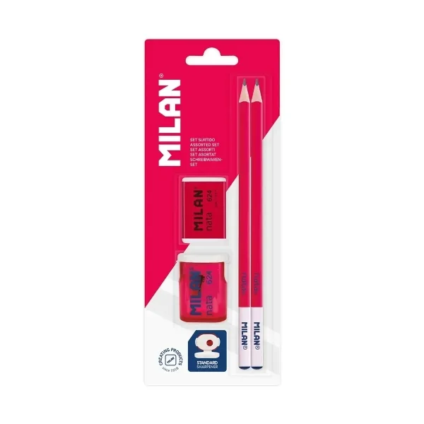 Milan Coleccion nata® 624 Pack con 2 Lapices HB + Sacapuntas + Goma de Borrar - Lapices de Forma Cuadrada