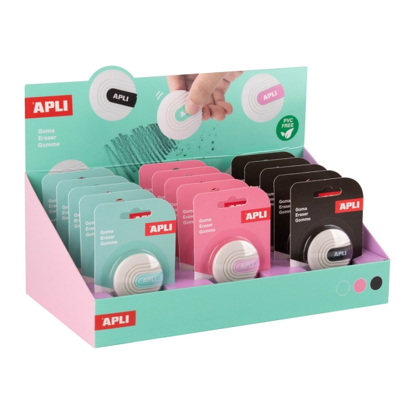 Apli Expositor con 15 Gomas de Borrar - Forma Redonda - Sin PVC - Color Blanco con Detalle en Verde, Azul y Negro