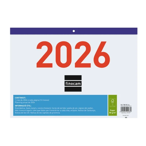 Finocam Calendario Faldilla en Catalan - Anual 2026 - Formato F93 - 300x3x210mm - Numeros Grandes - Color Blanco y Azul