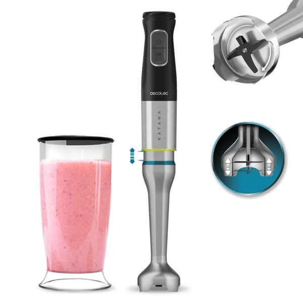 Cecotec Katana 12 Jar Batidora de Mano - Potencia de 1200W - Cuchillas de Titanio - Funcion Oscilante - 21 Velocidades - Campana Antisalpicaduras - Funcion Turbo - Vaso 800ml con Tapa - Colo