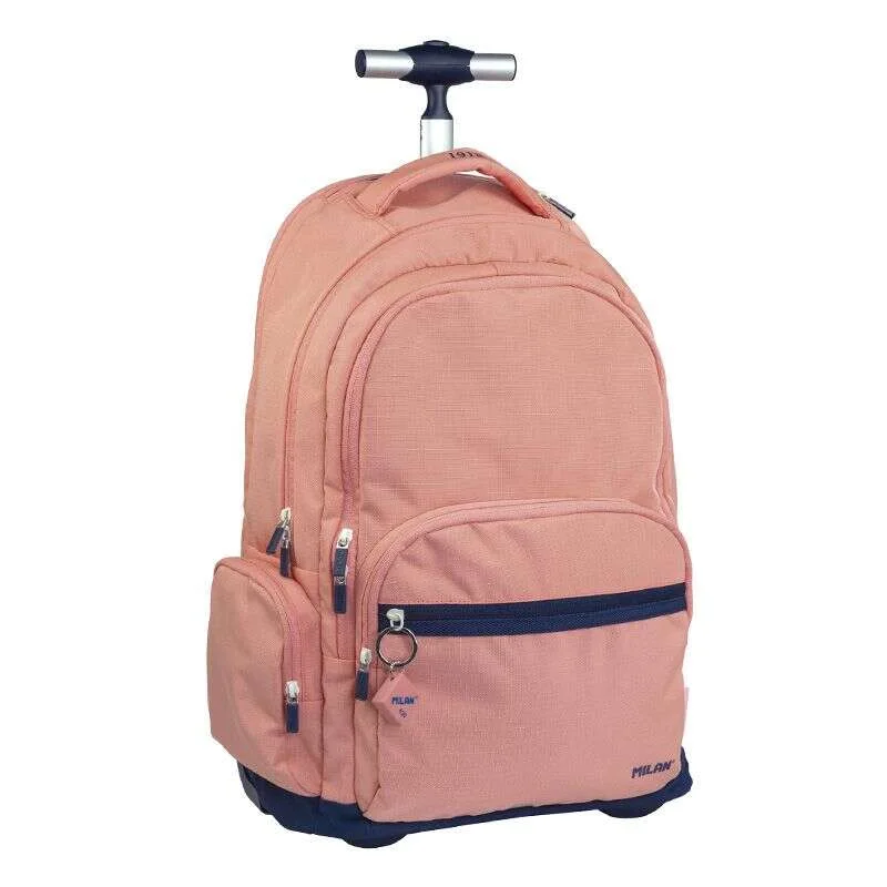 Milan Serie 1918 Mochila Escolar 25L con Carro Integrado y Mango Metalico Retractil - 3 Bolsillos Delanteros + 2 Bolsillos Laterales - Tamaño 46,5x30x17cm - Color Rosa