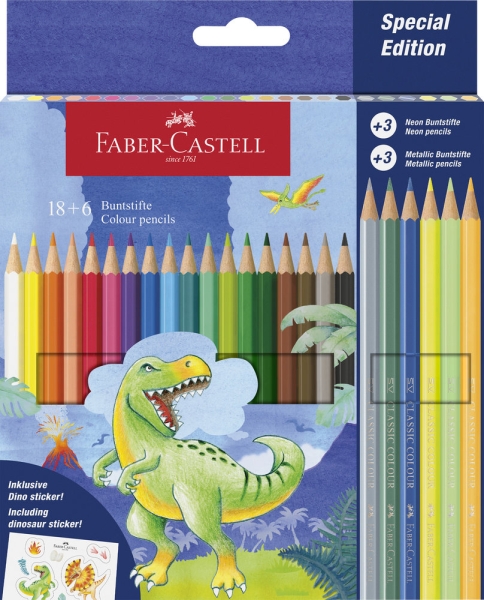 Faber-Castell Edicion Dinosaurios Pack de 24 Lapices de Colores Hexagonales - 18 Colores Clasicos + 3 Colores Neon + 3 Colores Metalizados - Incluye Pegatinas de Dinosaurios - Resistencia a