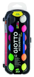 Giotto Fluo Pack de 12 Acuarelas - 1 Pincel Incluido - Diametro Pastilla 30mm - Colores Fluorescentes