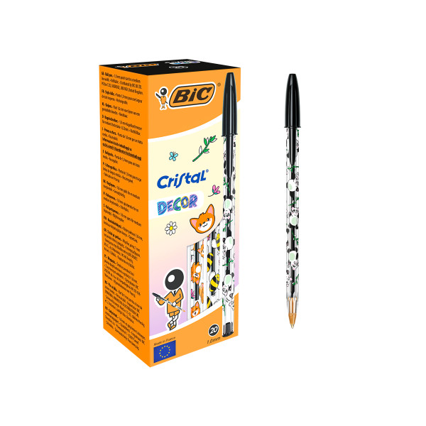 Bic Cristal Decor Kawaii Boligrafo de Bola - Cuerpo Transparente con Decoracion Kawaii - Punta redonda de 1mm - Trazo 0.4mm - Tinta con Base de Aceite - Color de la Tinta Negro · Pack de 20