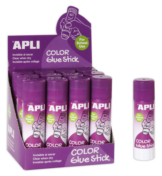 Apli Barra Pegamento Adhesivo 21g - Facil Aplicacion - No Toxico - Color Lila pero una Vez Seco se Vuelve Invisible · Pack de 12 uds.