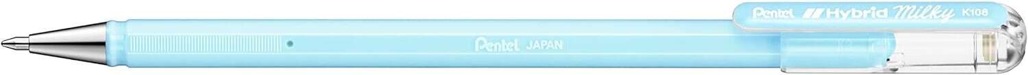 Pentel Hybrid Milky Boligrafo de Bola - Punta Fina 0.8mm - Trazo 0.4mm - Tinta de Gel Opaca - Color Azul Pastel · Pack de 12 uds.