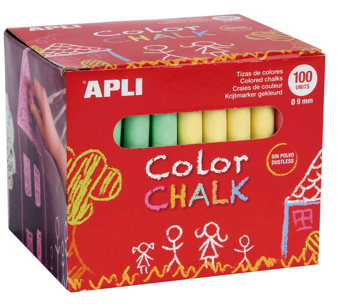 Apli Pack de 100 Tizas Redondas de Colores Surtidos Ø 9 x 80mm - Sin Polvo - Ideales para Escribir, Dibujar y Colorear en Pizarras y Pavimentos - Aptas para Uso Escolar