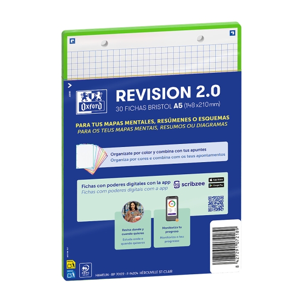 Oxford Pack de 30 FlashCards 2.0 - Formato A5 - Cuadricula 5x5mm - Cartulina de 250g - Digitalizacion de Textos con App - Color Verde