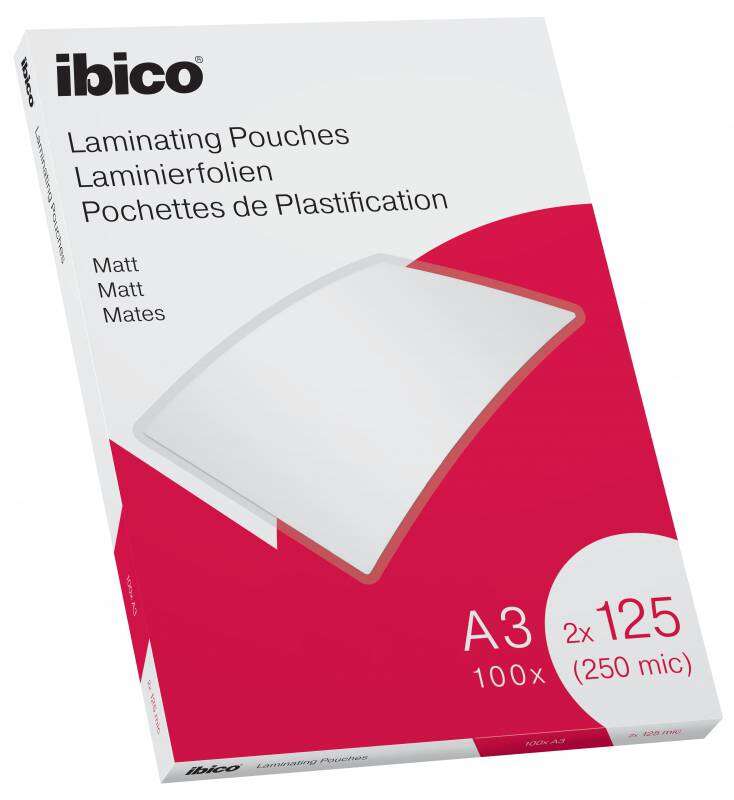 Ibico Caja de 100 Laminas de Plastificar Mate A3 125 Micras - Superficie Mate - Plastifica Papel, Fotos, Tarjetas de Visita - Transparente