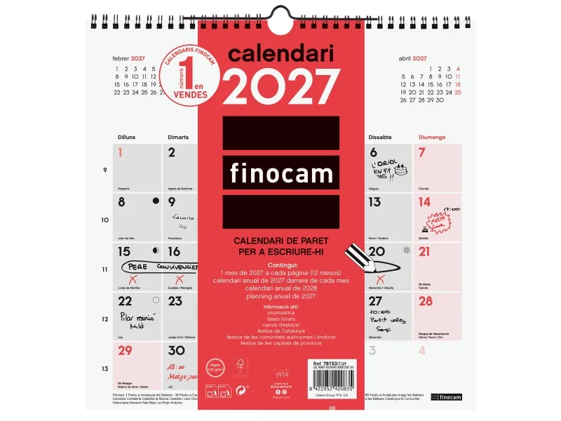 Finocam Neutro Calendario de Pared en Catalan - Anual 2027 - Mes Vista - 300x300mm - Espiral Doble - Papel de 120g/m2 - Espacio para Escribir - Color Rojo y Blanco