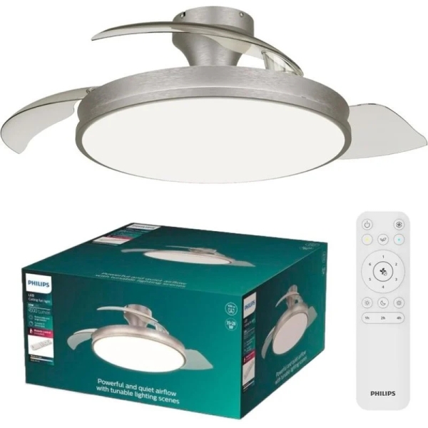 Philips Atlas DC Fan Ceiling Ventilador de Techo con Luz LED Hasta 6500K - Aspas Retractiles - 35W Ventilador + 28W Luz - Mando a Distancia - Color Niquel
