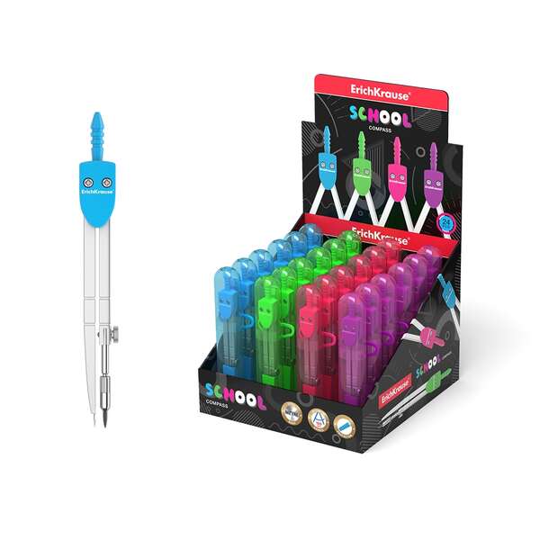 Erichkrause Compas de Metal School 120mm - Radio Maximo 18 cm - Estuche de Plastico con Regla Incluida - Colores Neon - Caja de Plastico con Colgador · Pack de 24 uds.