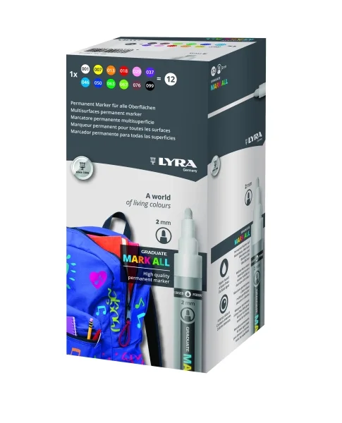 Lyra Mark All Pack de 12 Rotuladores Permanentes - Multisuperficie - Punta Redonda - 2mm - Colores Surtidos