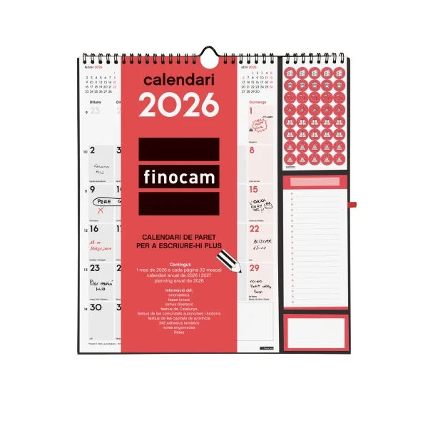 Finocam Calendario de Pared en Catalan - Anual 2026 - Anilla Portaboligrafo - 300x11x335mm - Espacio para Escribir - Color Blanco y Rojo