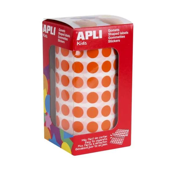 Apli Rollo de 5192 Gomets Redondos Naranjas - Tamaño Ø 10,5mm - 59 Hojas Pretroqueladas - Adhesivo Base Agua - Cumple Normas EN-71 y FSC