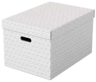 Esselte Pack de 3 Cajas Grandes de Almacenamiento con Tapa 355x305x510mm - Carton 100% Reciclado y Reciclable - Asas Integradas - Diseño Blanco con Dibujo