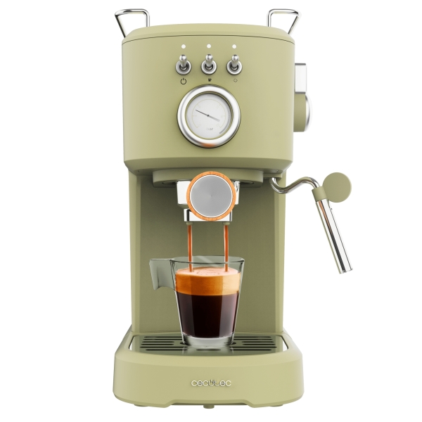 Cecotec Power Espresso 20 Retro Green Cafetera Espresso - 1100W - 20Bar - Vaporizador Orientable - Doble Salida de Cafe - Deposito 1.25L Extraible - Calienta Tazas - Manometro de Presion - C