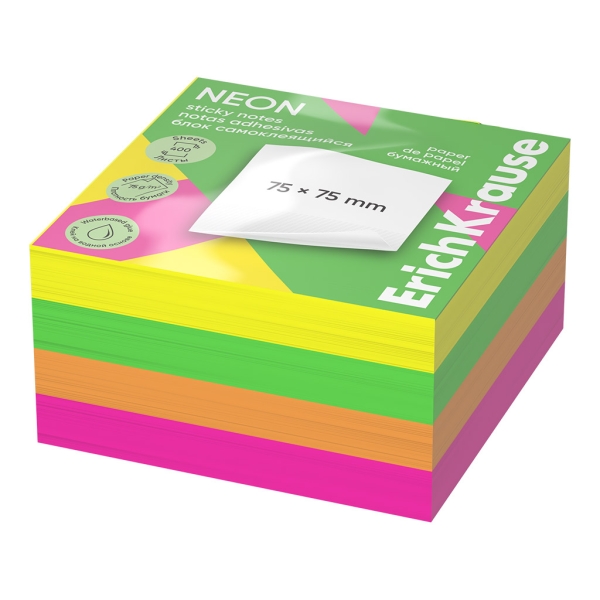 ErichKrause Neon Bloc de 400 Notas Adhesivas Reposicionables - Papel de 75g/m2 - 75x75mm - Pegamento a Base de Agua - Colores Surtidos · Pack de 6 uds.