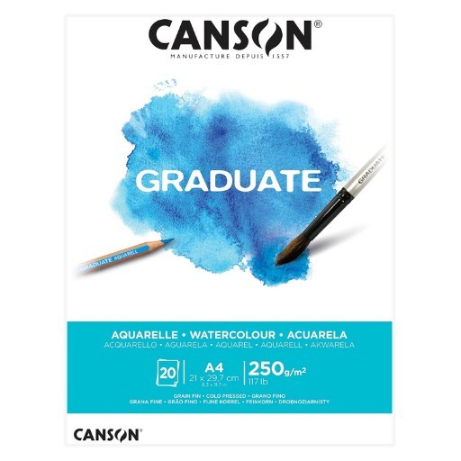 Canson Graduate Acuarela Bloc Encolado de 20 Hojas A4 - 250g - Grano Fino - Color Blanco