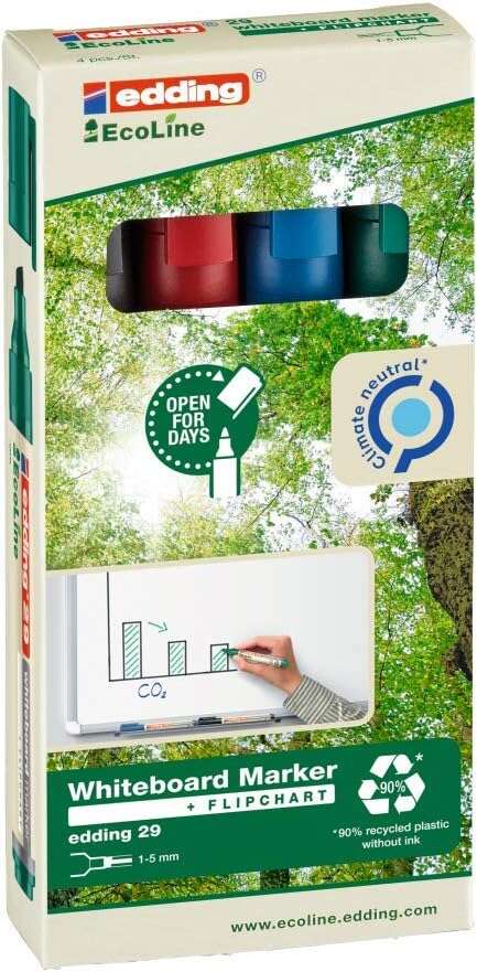 Edding 29 EcoLine Pack de 4 Rotuladores para Pizarra Blanca - Punta Biselada - Trazo entre 1-5mm - 90% de Plastico Reciclado - Borrado en Seco - Colores Surtidos