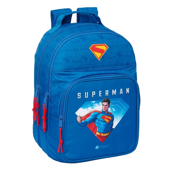 Safta Superman Mochila con 2 Compartimentos - Antirozaduras - Adaptable a Carro - Bolsillo Frontal - Portabotellas - Tirador Doble - Hombreras Ergonomicas - 320x150x420mm - Color Azul Oscuro