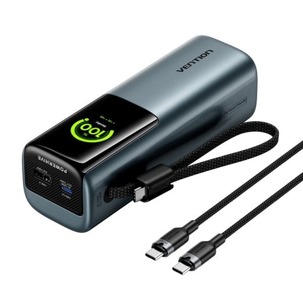 Vention Powerbank de 27000mAh - Potencia de Salida hasta 200W - Cable USB-C Integrado - Power Delivery - USB-A - USB-C - Pantalla TFT - Apto para Viajes Aereos - Tecnologia PPS y UFCS - Colo