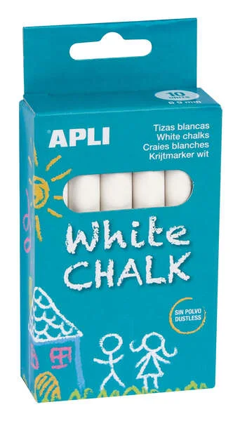 Apli Pack de 10 Tizas Blancas Redondas - Tamaño Ø 9 x 80mm - Bajo en Residuo y sin Polvo - Ideal para Escribir, Dibujar y Colorear en Pizarras y Pavimentos - Uso Escolar