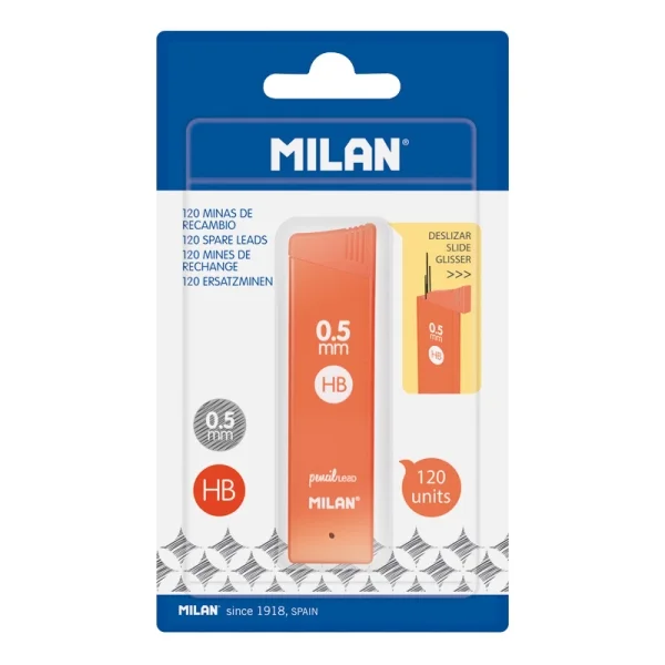 Milan Pack de 120 Minas Grafito 0.5mm - Dureza HB - Color Naranja