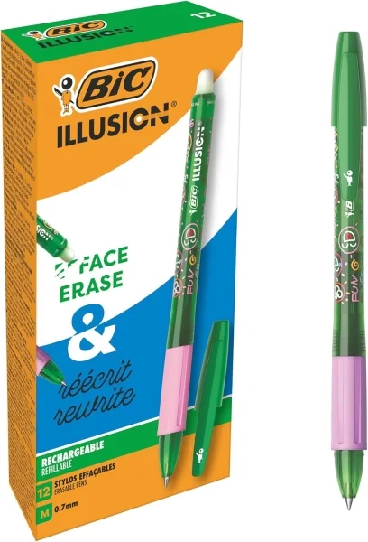 Bic Illusions Boligrafo Borrable - Punta Media de 0.7mm - Grip de Goma - Recargable - Color Verde · Pack de 12 uds.