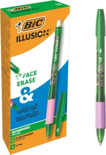 Bic Illusions Boligrafo Borrable - Punta Media de 0.7mm - Grip de Goma - Recargable - Color Verde · Pack de 12 uds.