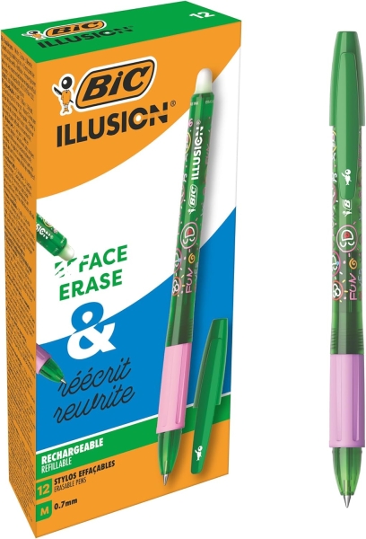 Bic Illusions Boligrafo Borrable - Punta Media de 0.7mm - Grip de Goma - Recargable - Color Verde · Pack de 12 uds.