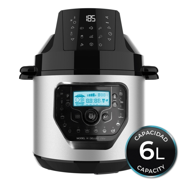 Cecotec H Deluxe Fry Olla GM Programable de 6L con Cabezal Freidora de Aire - Antiadherente - Bascula - Pantalla LCD - Ergonomico - Temperatura hasta 200ºC - Control por Voz - Color Negro y