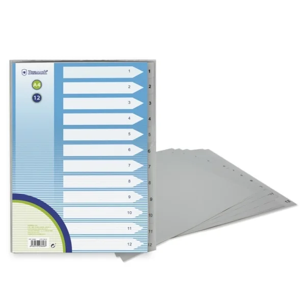 Bismark Indice Numerico con Pestañas del 1 al 12 - Multitaladro - Formato A4 - Fabricados en Polipropileno - Color Gris · Pack de 12 uds.