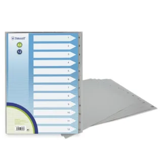 Bismark Indice Numerico con Pestañas del 1 al 12 - Multitaladro - Formato A4 - Fabricados en Polipropileno - Color Gris · Pack de 12 uds.